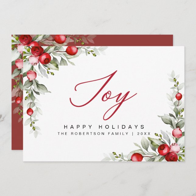 Joy Happy Holidays Botanerry Berry Greeting Card (Anverso / Reverso)