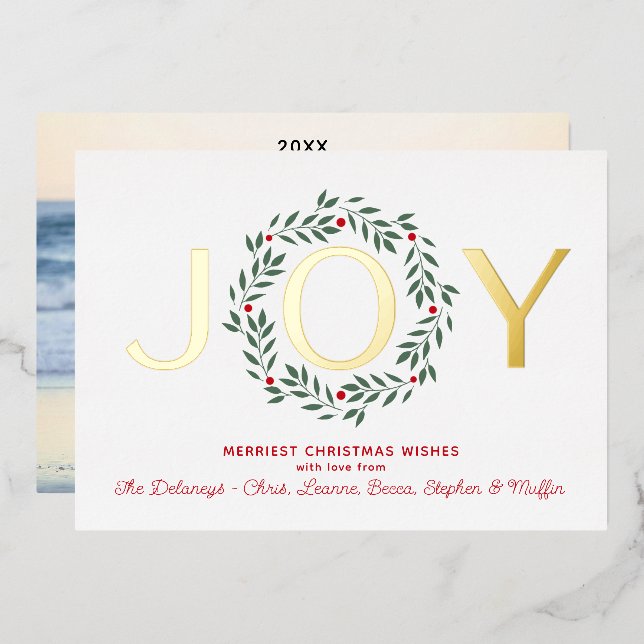 JOY Holiday Wreath | Una tarjeta de Relieve metali (Anverso/Reverso)