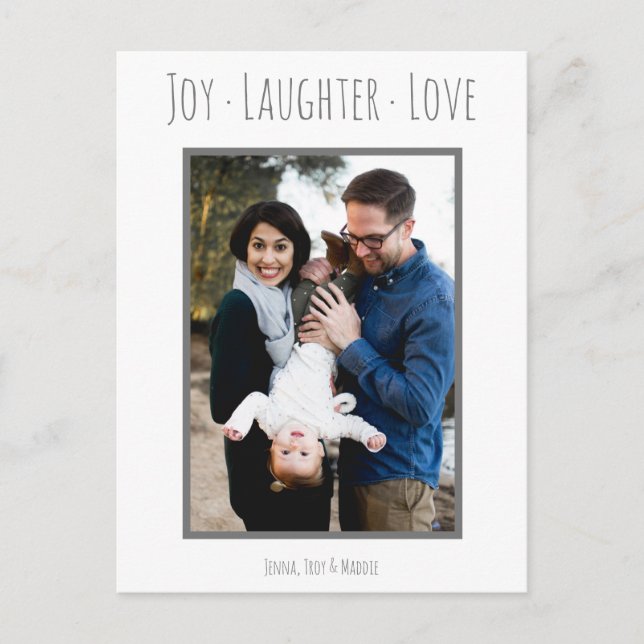 Joy Laughter Love | Tarjeta fotográfica de Navidad (Anverso)