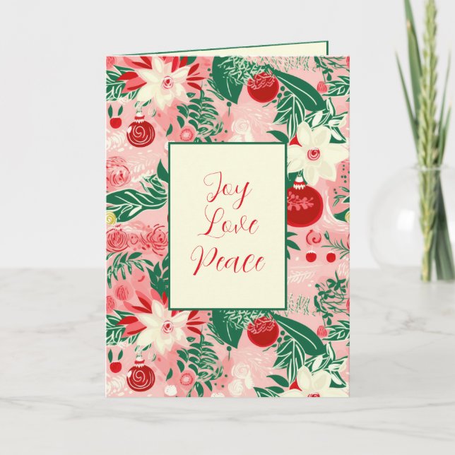 Joy Love Peace Tarjeta de Navidades Rojos Rosa Flo (Anverso)
