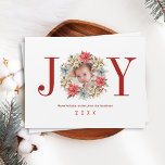 Joy Poinsettia Wreath con tarjeta magnética de ima<br><div class="desc">De la colección de Navidades y vacaciones de la casa de campo Poinsettia: la carta magnética de la guirnalda de Poinsettia y de los Navidades de fotografía, con tipografía y fotografía de personalizado de la bella alegría, además de su propio saludo de vacaciones, y nombre de familia personalizado. Añade fácilmente...</div>