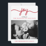 Joy Red Moderno Script Tarjeta de fotografía navid<br><div class="desc">Muestra tu foto favorita con orgullo esta temporada navideña con las tarjetas planas Joy Modern Scripted,  con un patrón rayado rojo y blanco en la parte posterior. En el Young Wanderlust store hay tarjetas Navidades más modernas y elegantes.</div>