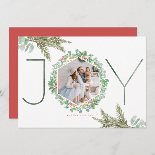 JOY Watercolor Navidad Foliage Wreath Photo (Anverso / Reverso)