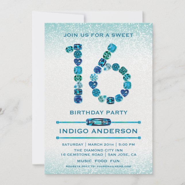 Joyas Verde azuladas dulces 16 invitaciones de cum (Anverso)