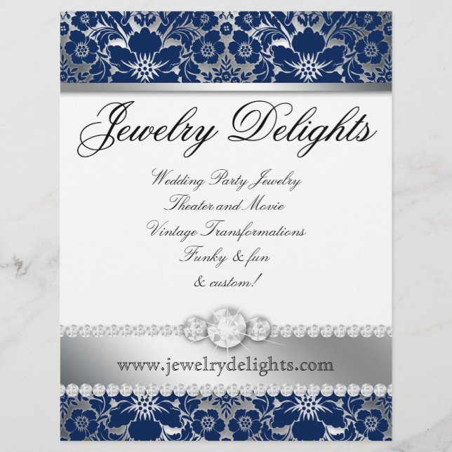 Joyería Flyer Hair Salon Floral Damask Naval Plata (Frente)