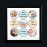 Joyero Collage de fotos Nombre del niño bebé, estadística<br><div class="desc">Personalice este maravilloso toque de queda con 5 fotos personalizados de su bebé recién nacido, enmarcadas por círculos juguetones y un fondo blanco neutro. (¡Las fotos en Instagram funcionan bien!) Añade fácilmente detalles del anuncio de nacimiento - Nombre, fecha de nacimiento, peso y altura. Los pequeños patos adornan los dos...</div>