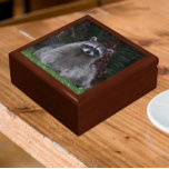 Joyero Foto de vida silvestre de Cute Forest Raccoon<br><div class="desc">Almacenar baratijas,  joyas y otros pequeños keepsakes en esta caja de regalo de madera con azulejos de cerámica que muestran la foto de un lindo Raccoon forestal posando para la cámara. Seleccione el tamaño y el color de su caja de regalo.</div>