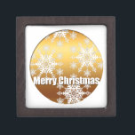 Joyero Gold Merry Christmas Snowflakes Gips Box 1<br><div class="desc">Caja de regalo para navidades con copos de nieve en un círculo dorado con letras blancas para este mensaje: Feliz Navidad (no personalizable). Puede agregar texto fácilmente y cambiar el color,  la fuente,  el tamaño y la posición haciendo clic en el botón personalizar. Regalos de Navidades coincidentes.</div>