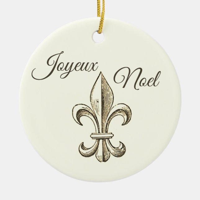 Joyeux Noel Fleur de lis Ornamento de Navidad (Frente)