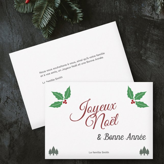 Joyeux Noël, navidad francesa con Holly (Joyeux Noël, French Merry Christmas with Holly Holiday Card)