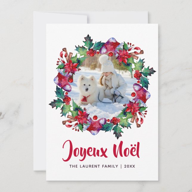 Joyeux Noël Stocking de Navidad Floral Corona Foto (Anverso)