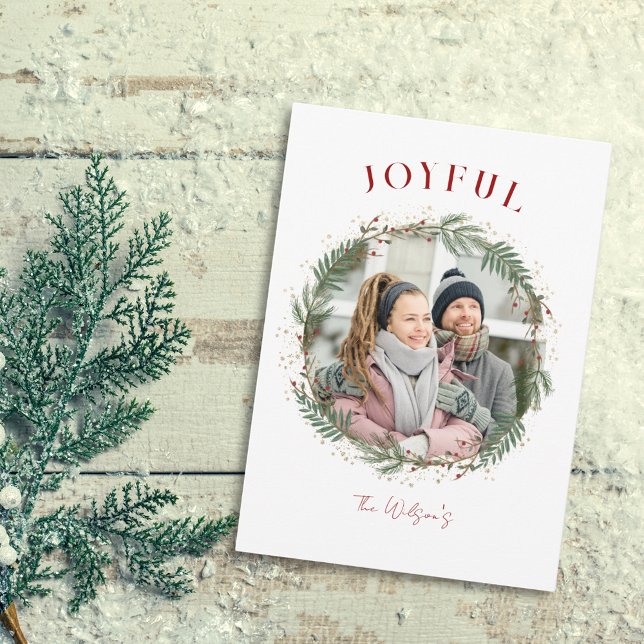 Joyful Elegant Wreath Photo Navidad Card (Joyful Elegant Wreath Photo Christmas Card)