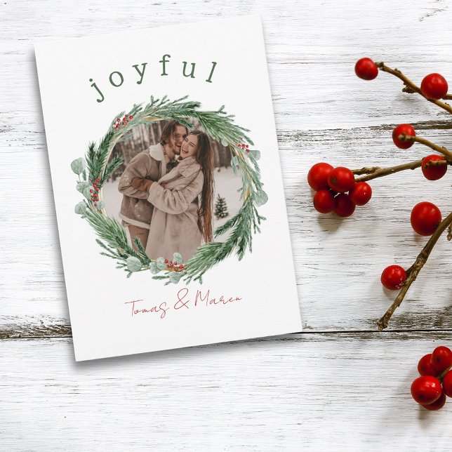Joyful Rustic Wreath Photo Navidad Card (Joyful Rustic Wreath Photo Christmas Card)