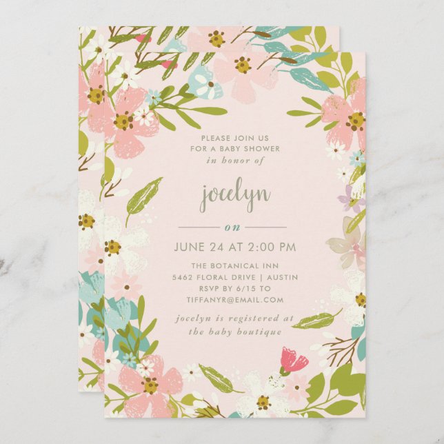 Joyous Floral | Invitación rosa a Baby Shower (Anverso / Reverso)
