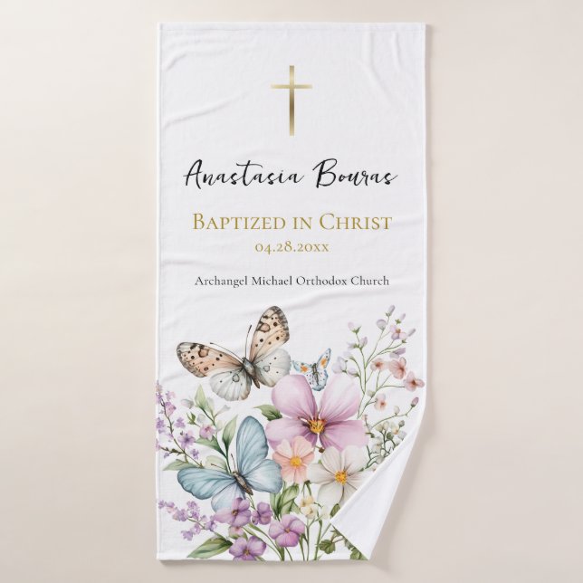 Joyous Pastel Flowers & Butterfly Baptism Gift  (Toalla de baño)