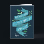Joyous Tidings | Tarjeta Hanukkah con fotos intern<br><div class="desc">Elegantes tarjetas de vacaciones dobladas con "que el amor y la luz llenen tu corazón en Hanukkah" en tipografía con letras a mano en una cinta azul acuarela acentuada con hojas verdes y bayas blancas. Personalice el nombre de su familia y el año en blanco sobre un fondo azul marino,...</div>