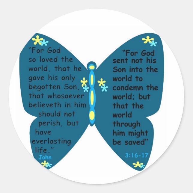 Juan 3: 16-17 pegatinas azules de mariposa (Anverso)