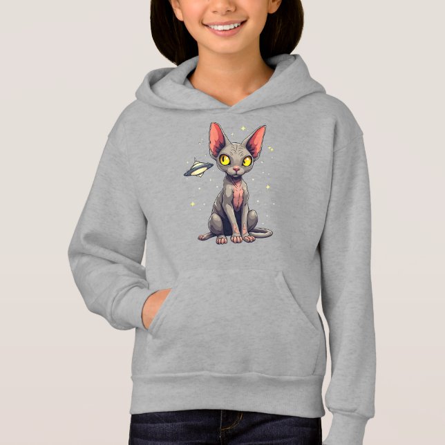 Judging Sphynx Cat UFO Space Cartoon Art (Anverso)