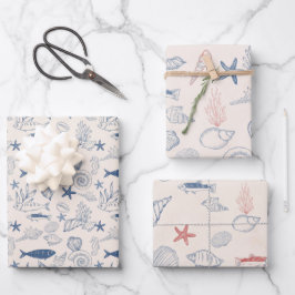 Juego de 3 hojas de papel de regalo de toile azul 
