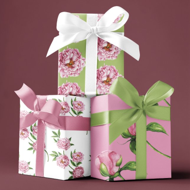 Juego de 3 hojas planas de papel de regalo de peon (Celebrate someone special with these watercolor peony wrapping paper sheets! )