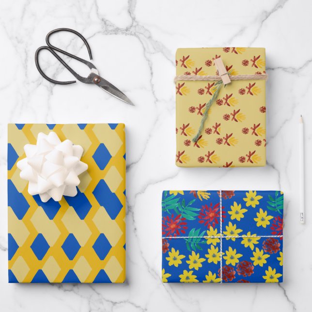Juego de 3 Papel de Regalo floral y geométrico (Anverso)