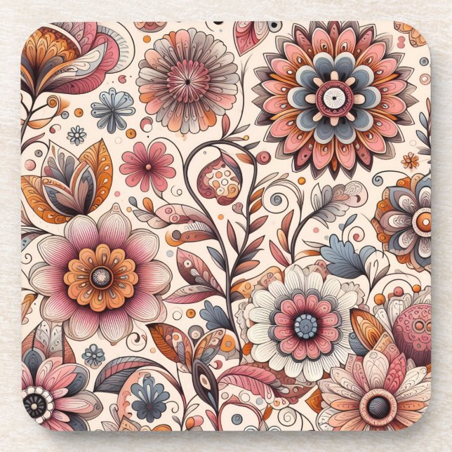 Juego de 6 posavasos de corcho con estampado flora (Frente)
