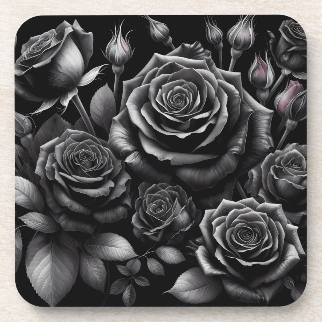 Juego de 6 posavasos de corcho con rosas oscuras (Frente)