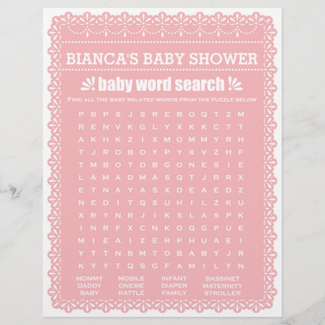 Juego de Baby Shower en papel rosa (Frente)