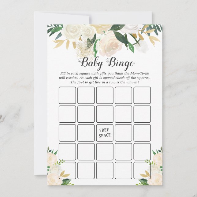 Juego de bingo Baby Shower Floral de rosa blanca c (Anverso)