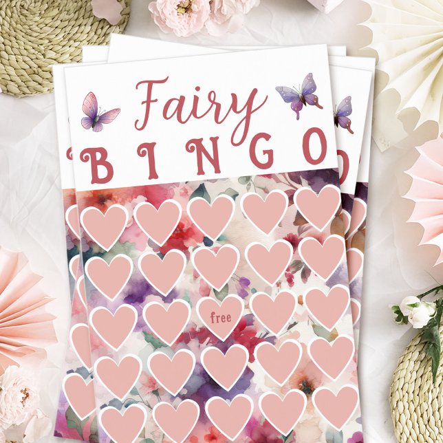 Juego de cartas de bingo de cumpleaños con tema de (Fairy Bingo Birthday Party Game Sheets)