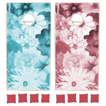 Juego de Cornhole de Flores Vintage Azul y Rosa