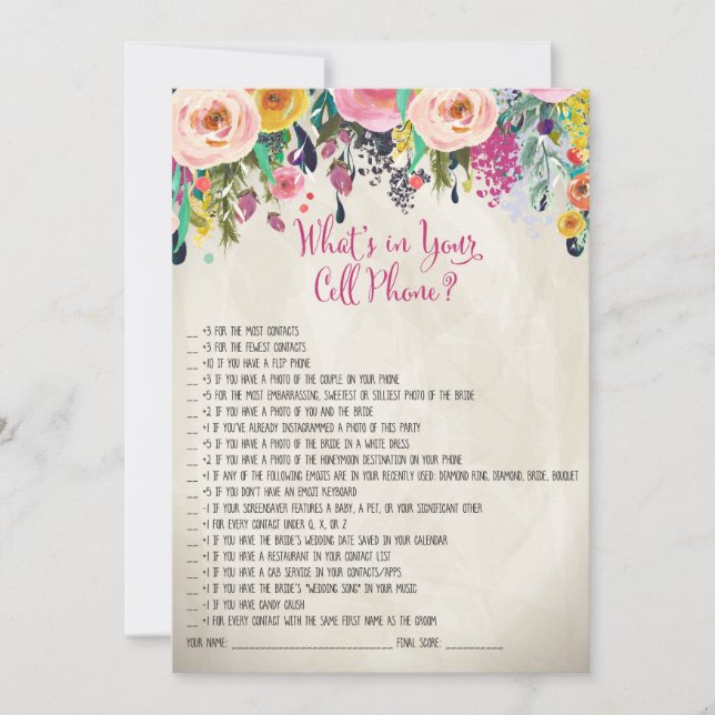 Juego de ducha de novia floral ¿Qué hay en tu telé (Anverso)