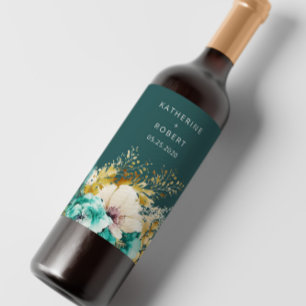 Juego de etiquetas de vinos de Boda floral verde a