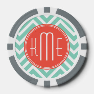 Juego De Fichas De Póquer Monograma de moda Aqua Green Chevron y Personaliza