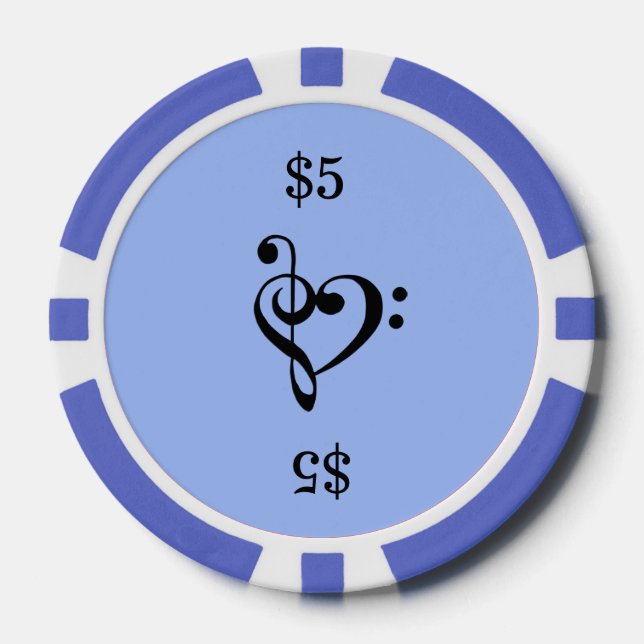 Juego De Fichas De Póquer Música Clef Heart Blue (Anverso)