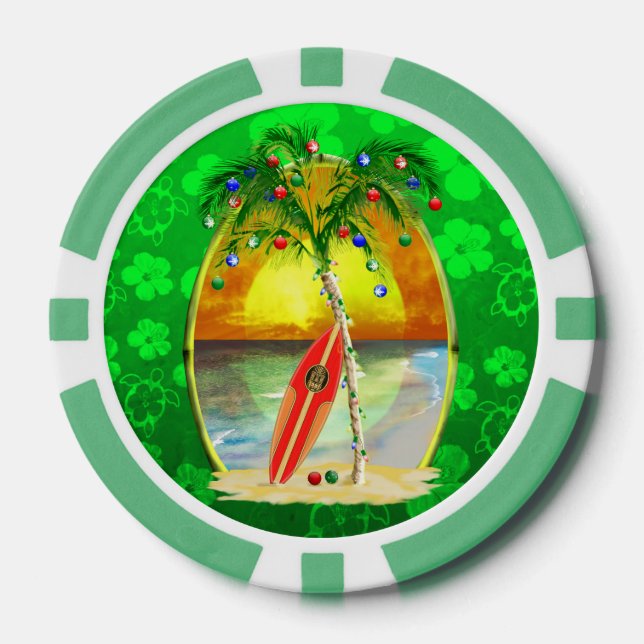 Juego De Fichas De Póquer Puesta del sol de la playa del navidad (Anverso)