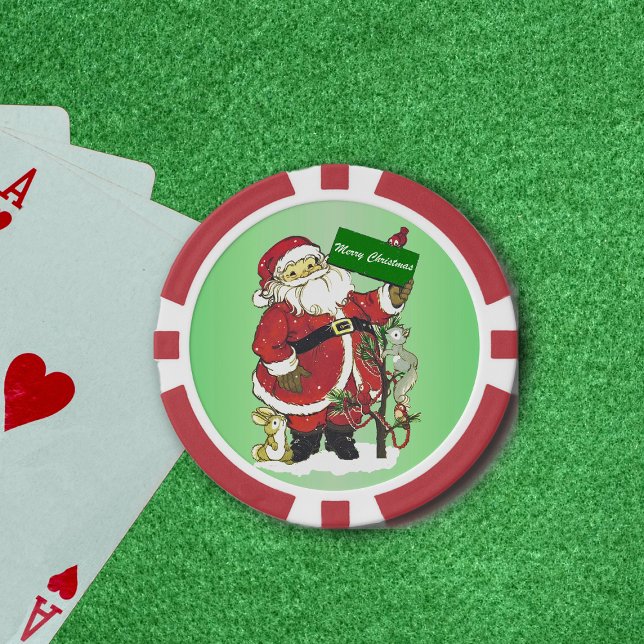 Juego De Fichas De Póquer Santa Claus Cute Animals Feliz Navidad (Cute Santa Claus in snow little animals decorated tree Merry Christmas sign on green poker chips.)