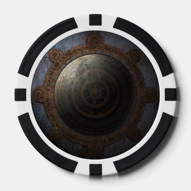 Juego De Fichas De Póquer Steampunk Moon Clock Time Gears Metalizado (Anverso)