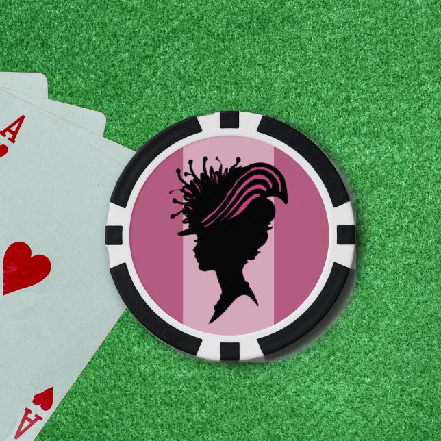 Juego De Fichas De Póquer Victoriana de la época Lady Black Silhouette Fancy (Profile in black silhouette Victorian woman head in fancy pink hat on pink striped poker chips.)
