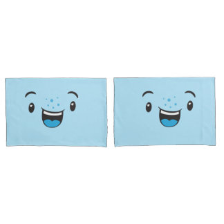 Juego de Fundas de almohada azul sonriente Kawaii 