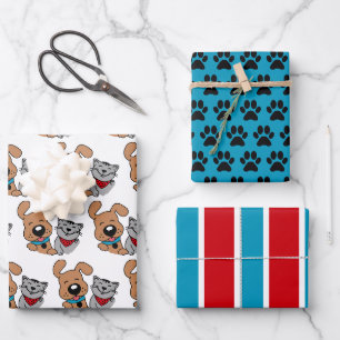 Juego de hojas de papel de regalo de perro y gato