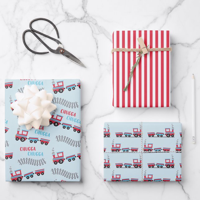 Juego de hojas planas de papel de ajuste de 3 (Chugga Chugga Choo Choo Train Wrapping Paper Set
)