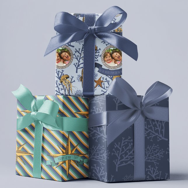 Juego de hojas planas de papel de ajuste de 3 (Fun & Clasy Hand-drawn Seahorses, jellyfish, starfish, corals, Nautical Star. Custom Photo & Text.)