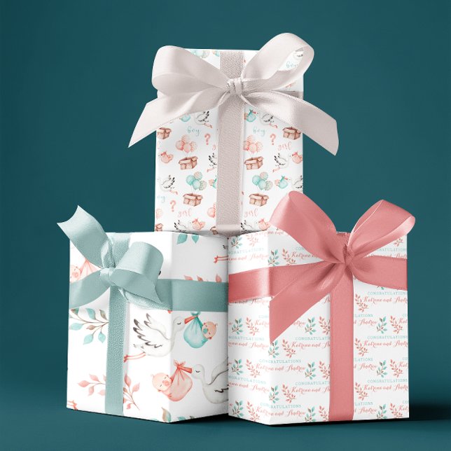 Juego de hojas planas de papel de ajuste para reve (his adorable baby and stork wrapping paper set would be perfect for a gender reveal party! )