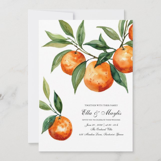 Juego de Invitación de Boda de Citricos en Acuarel (Anverso)