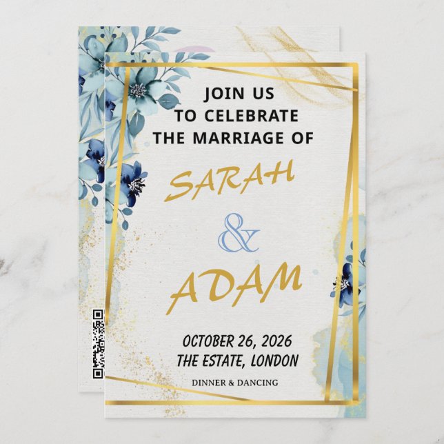 Juego de Invitación de Boda Elegante Floral Azul D (Anverso / Reverso)