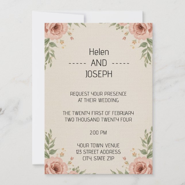 Juego de Invitación de Boda Floral Rústico Rosa Po (Anverso)