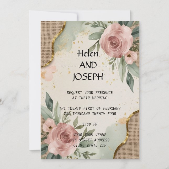 Juego de Invitación de Boda Floral Rústico Rosa Po (Anverso)