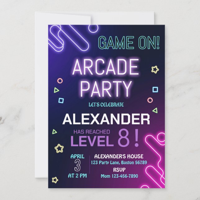 Juego de Invitación de Cumpleaños de Arcade (Anverso)