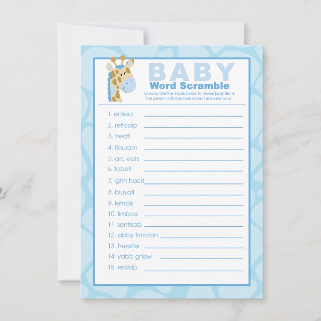 Juego de palabras de Baby Shower de Blue Giraffe (Anverso)